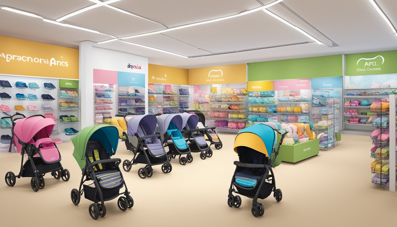 A display of Aprica strollers in a Singapore store, with price tags and promotional banners. Customers browsing and comparing features