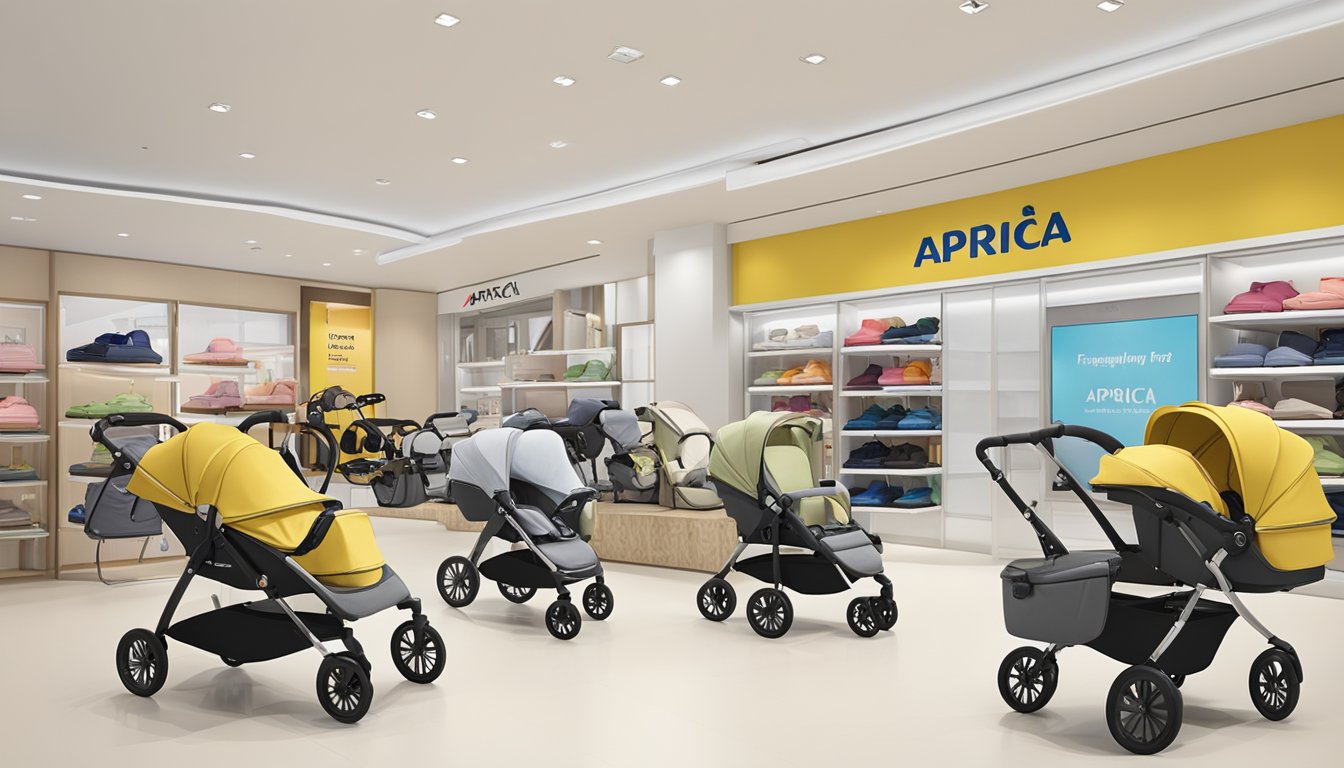 A display of Aprica strollers in a Singapore store with a prominent "Frequently Asked Questions" sign