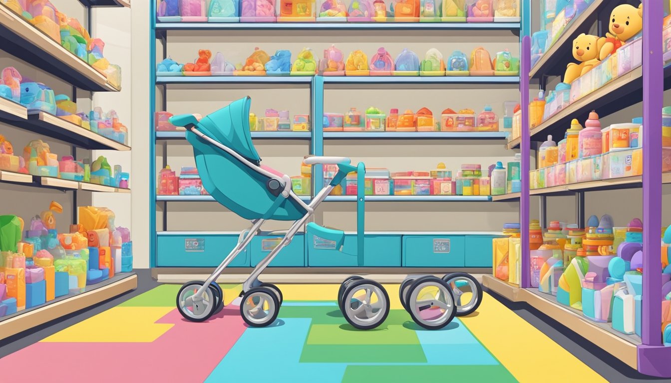 A baby walker sits on a display shelf in a store, surrounded by colorful toys and baby products. Shelves are neatly organized, and a sign above reads "Frequently Asked Questions: Where to buy baby walker in Singapore."