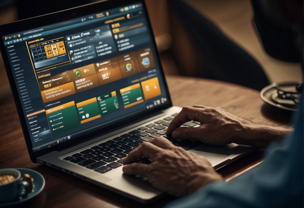 A person using a laptop to access a sports betting website with a VPN connected, showing a secure and private connection for online gambling
