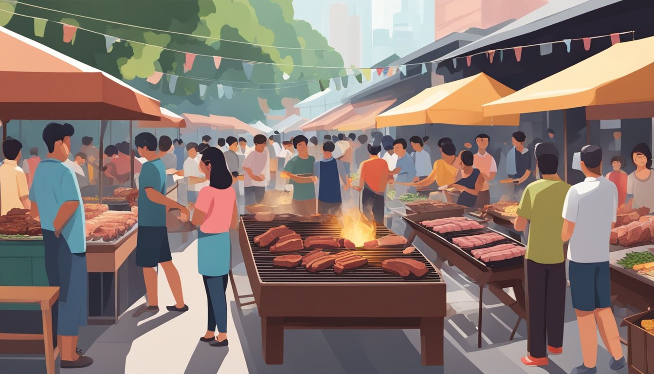 A bustling open-air market with vendors grilling various cuts of meat over hot coals, surrounded by eager customers sampling and purchasing BBQ meat in Singapore