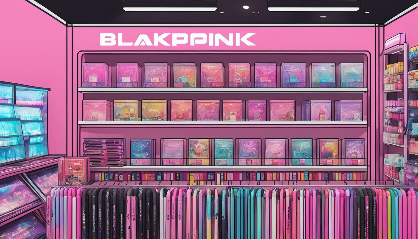The Blackpink lightstick is displayed on a shelf in a music store in Singapore, surrounded by other K-pop merchandise