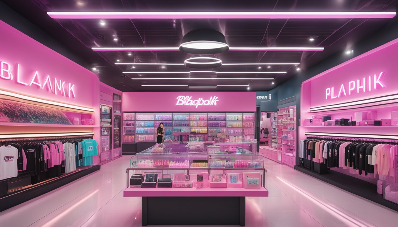 A display of Blackpink merchandise, including their iconic lightstick, is showcased in a Singaporean store