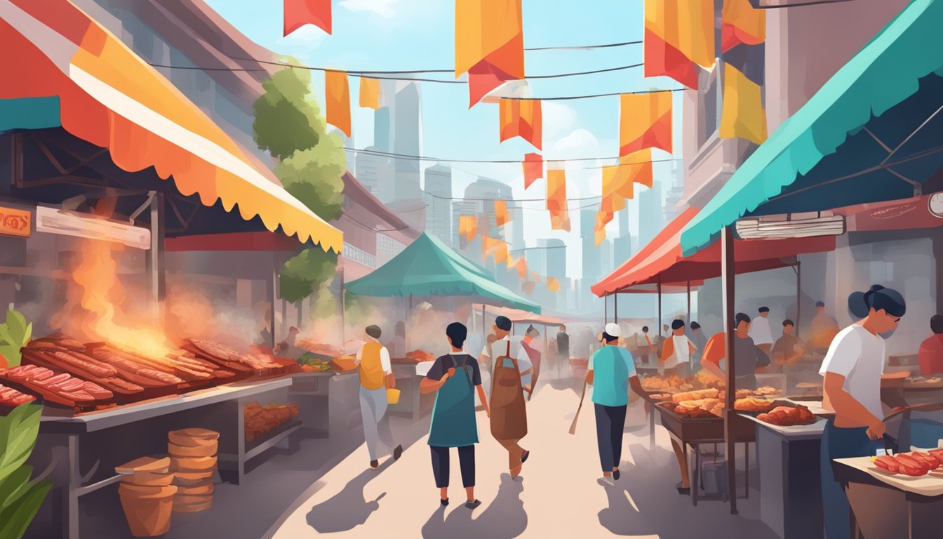 Vibrant outdoor market with colorful signage advertising top BBQ meat shops in Singapore. Smoke wafts through the air as vendors grill various meats over open flames