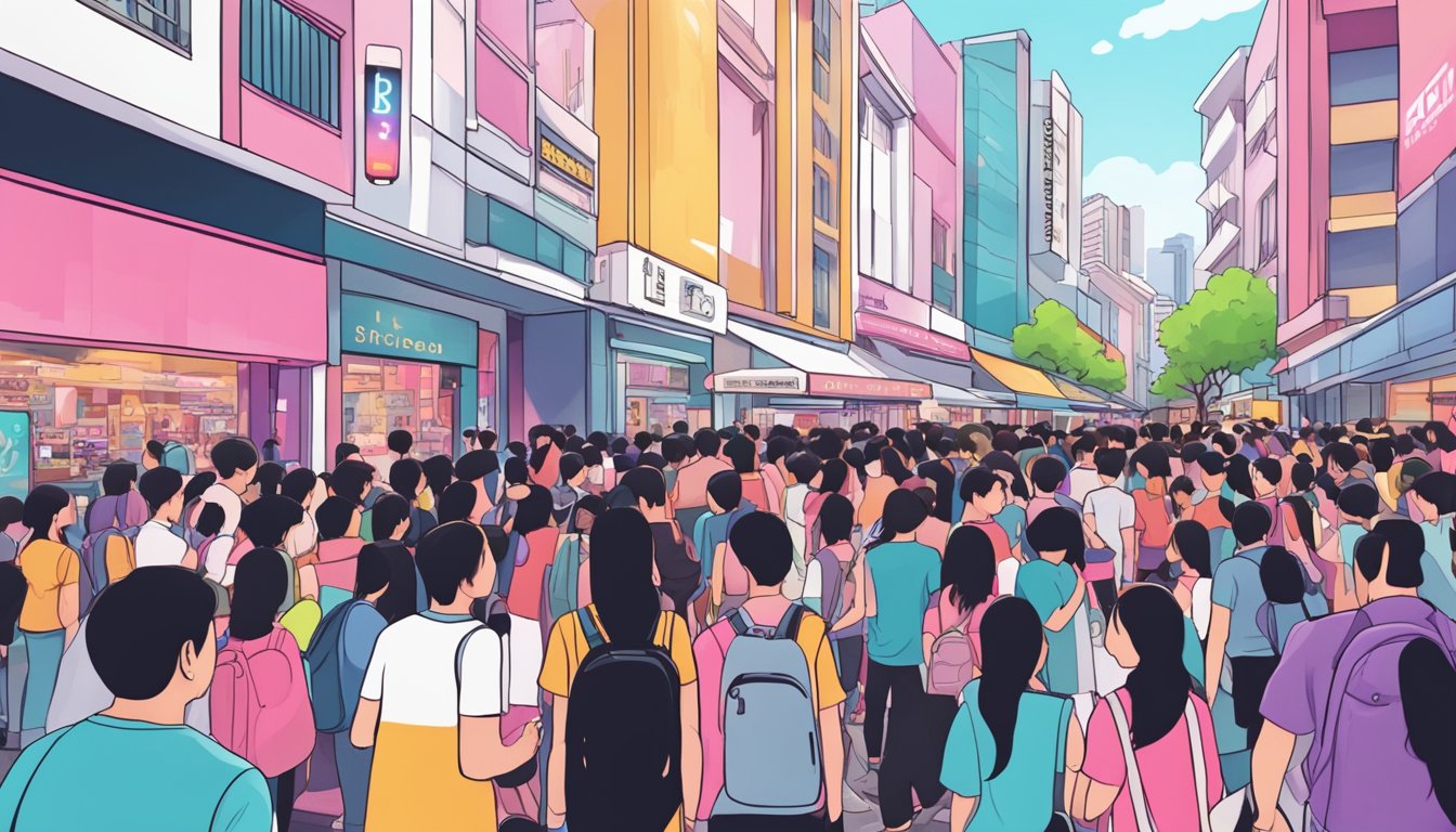 A crowded street in Singapore with a prominent store sign displaying "Blackpink Lightstick" and a line of excited fans waiting to purchase