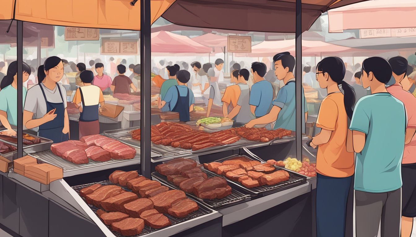 A bustling Singapore market stall with various cuts of BBQ meat on display, customers browsing and asking questions to the vendor