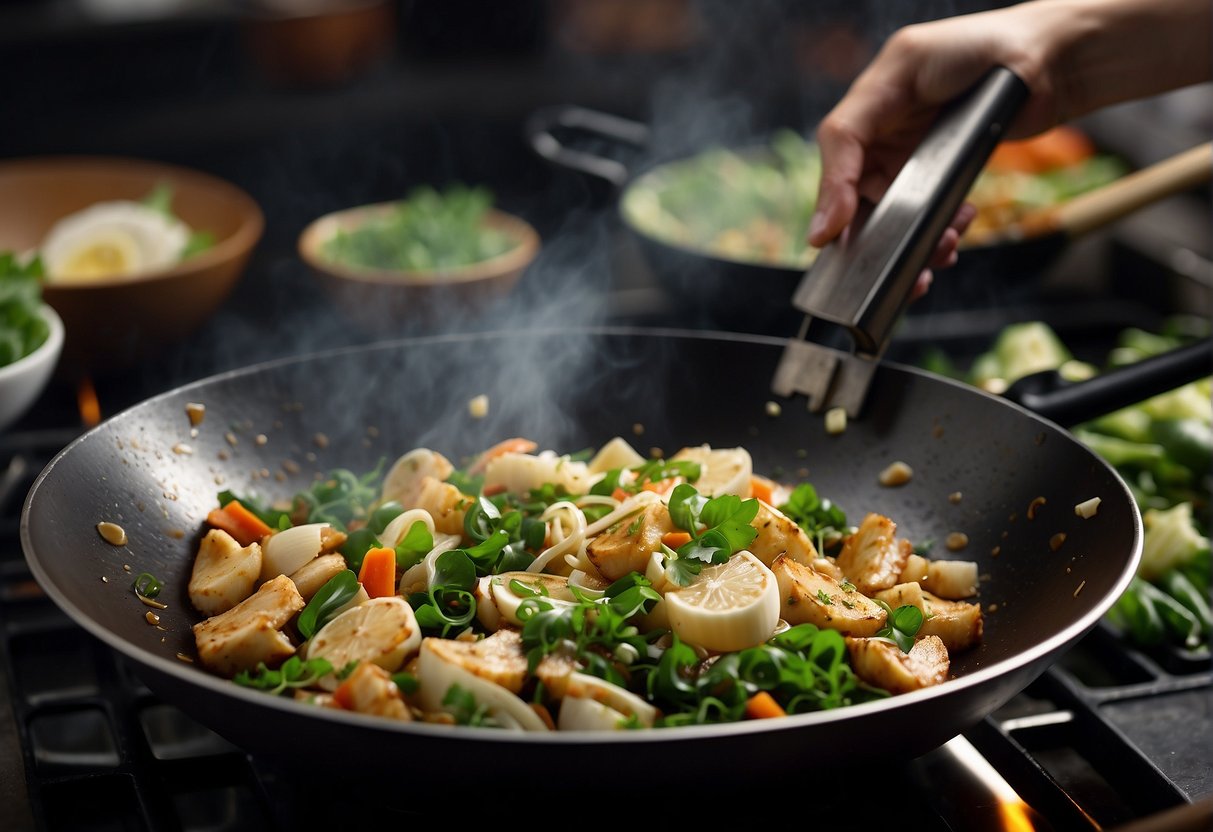 A wok sizzles as a chef stir-fries lemon fish with ginger, garlic, and soy sauce. Green onions and cilantro garnish the dish