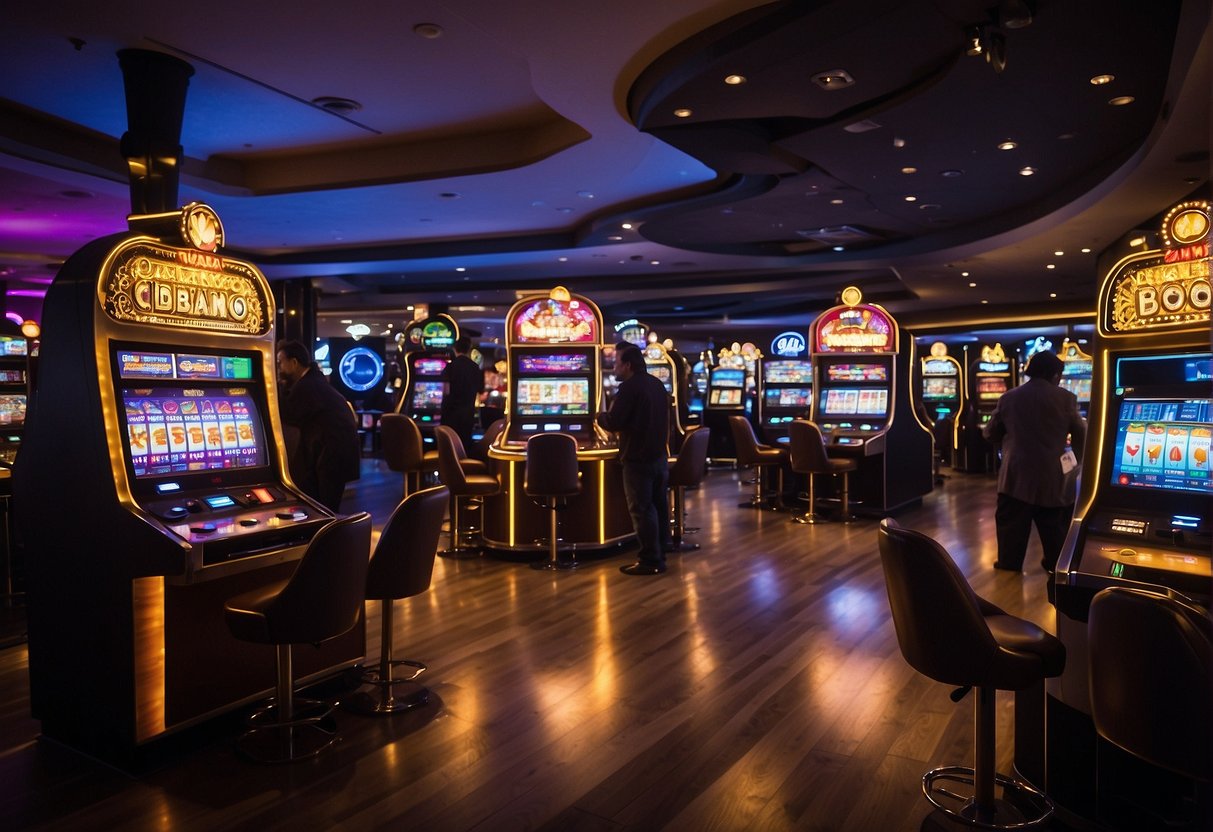 The BetPlay casino is bustling with activity as players enjoy various games. Bright lights and colorful decor create an energetic atmosphere. Tables and slot machines fill the space, with staff members attending to guests