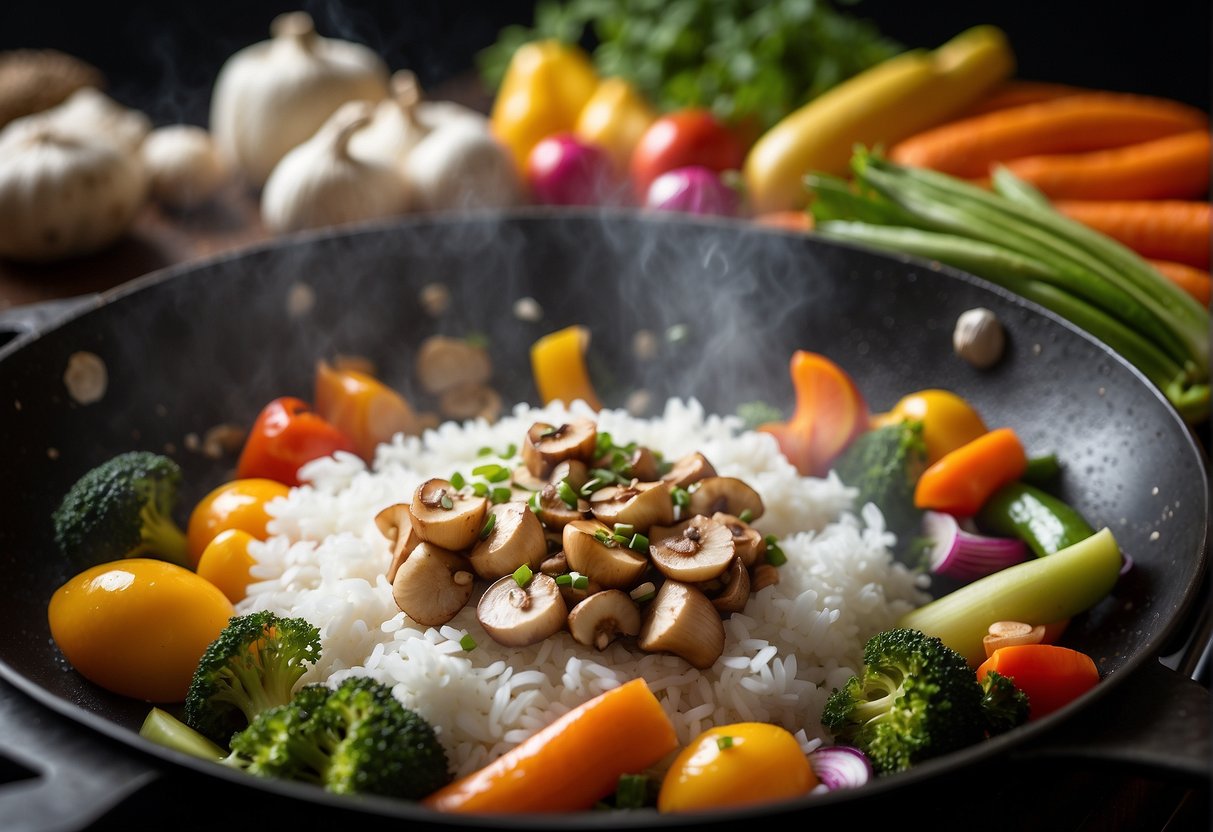 A lion's mane mushroom sizzling in a wok with garlic, ginger, and soy sauce, surrounded by colorful vegetables and steaming rice
