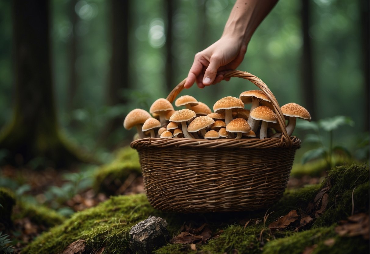 A hand reaching for lion's mane mushrooms in a forest. A basket filled with freshly picked mushrooms. A dark, cool storage area for preserving the mushrooms