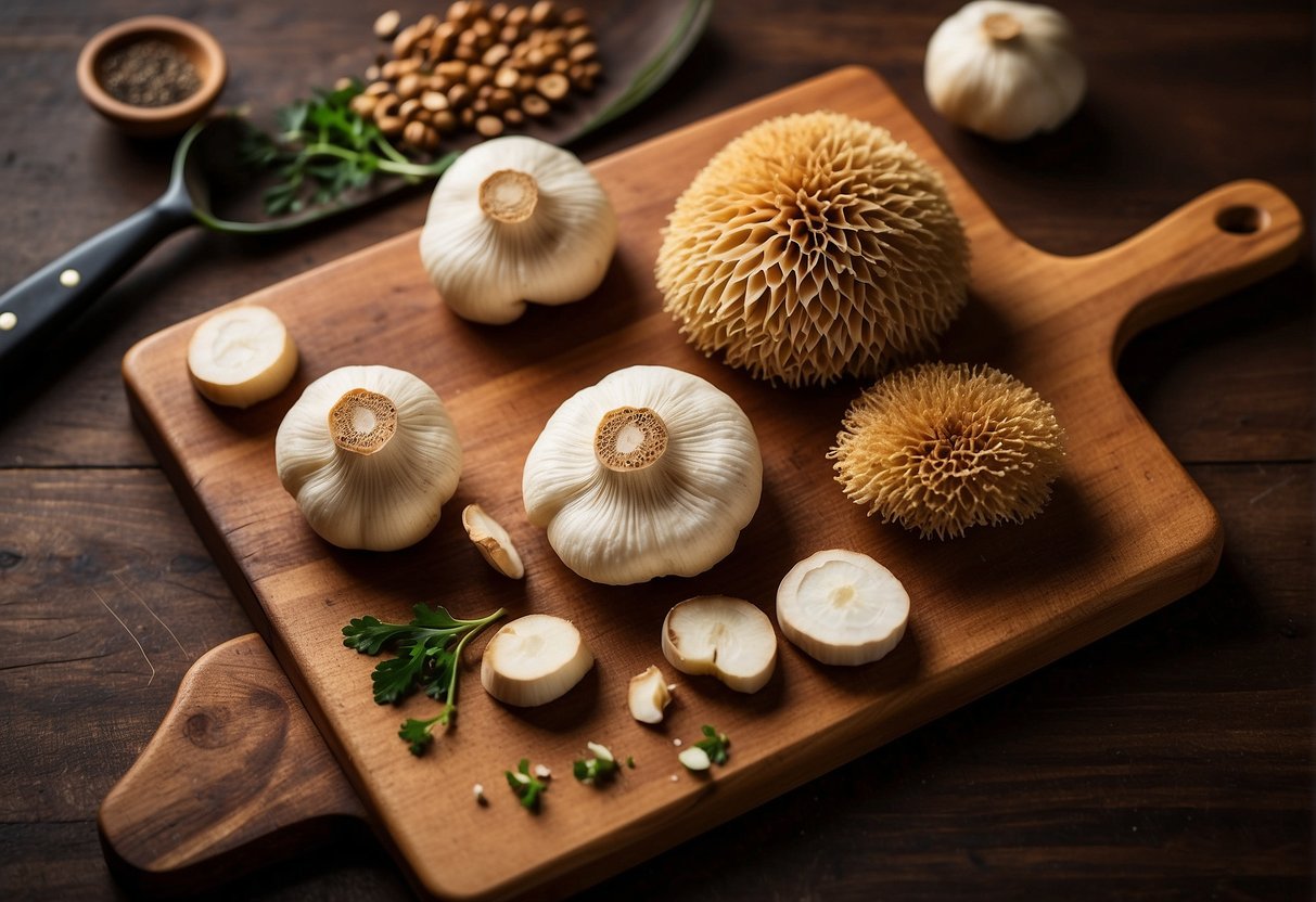 Sliced lion's mane mushrooms, garlic, ginger, and soy sauce on a wooden cutting board