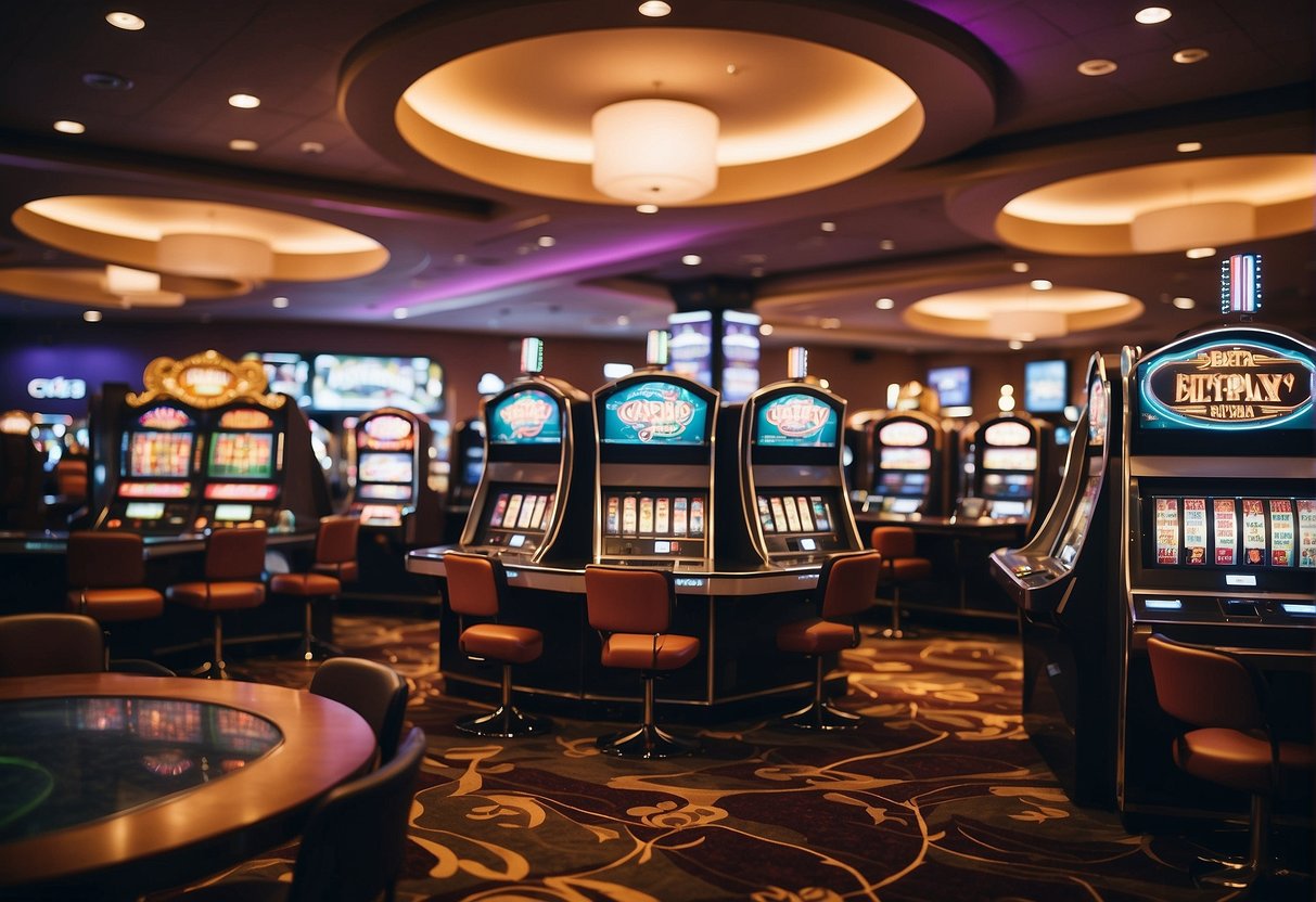 A vibrant casino setting with BetPlay branding, featuring various slot machines, card tables, and a lively atmosphere
