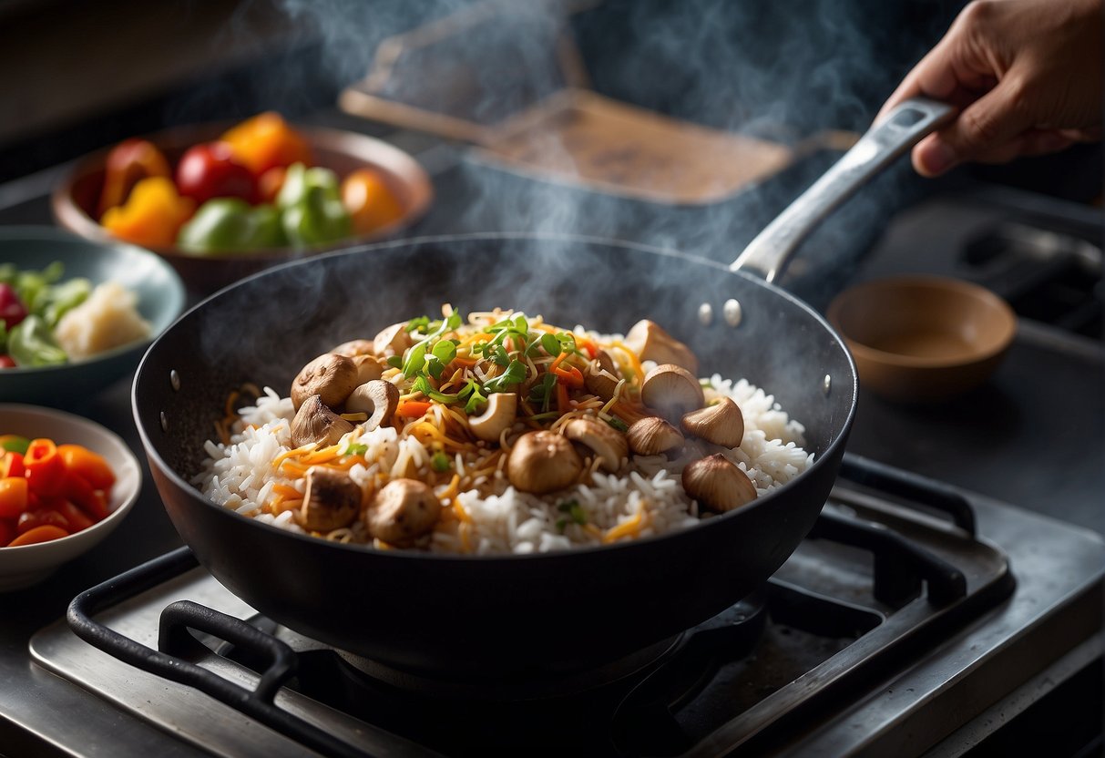Sizzling lion's mane mushrooms in a wok with garlic and ginger, surrounded by colorful vegetables and a steaming pot of rice
