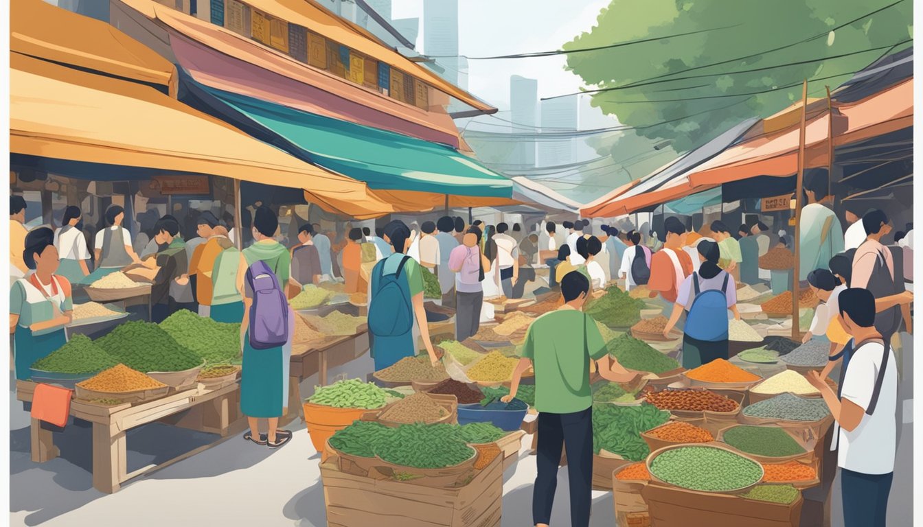 A bustling street market in Singapore, with colorful stalls selling various herbs and spices. A sign reads "Kapur Sirih" in bold letters, drawing attention to the traditional ingredient