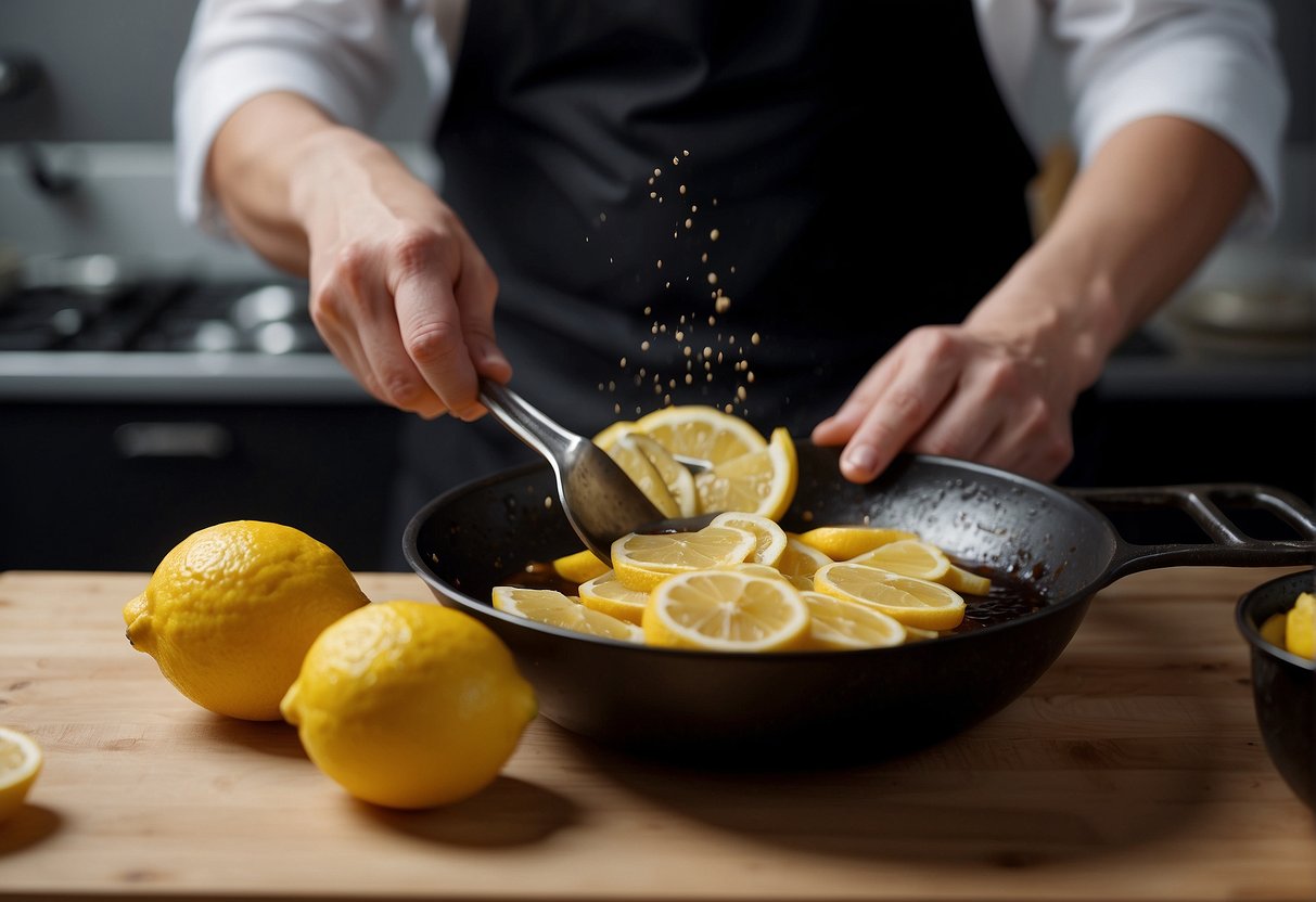 A chef mixes lemon juice, soy sauce, and ginger in a bowl. They dip fish fillets into the batter before frying them in a wok