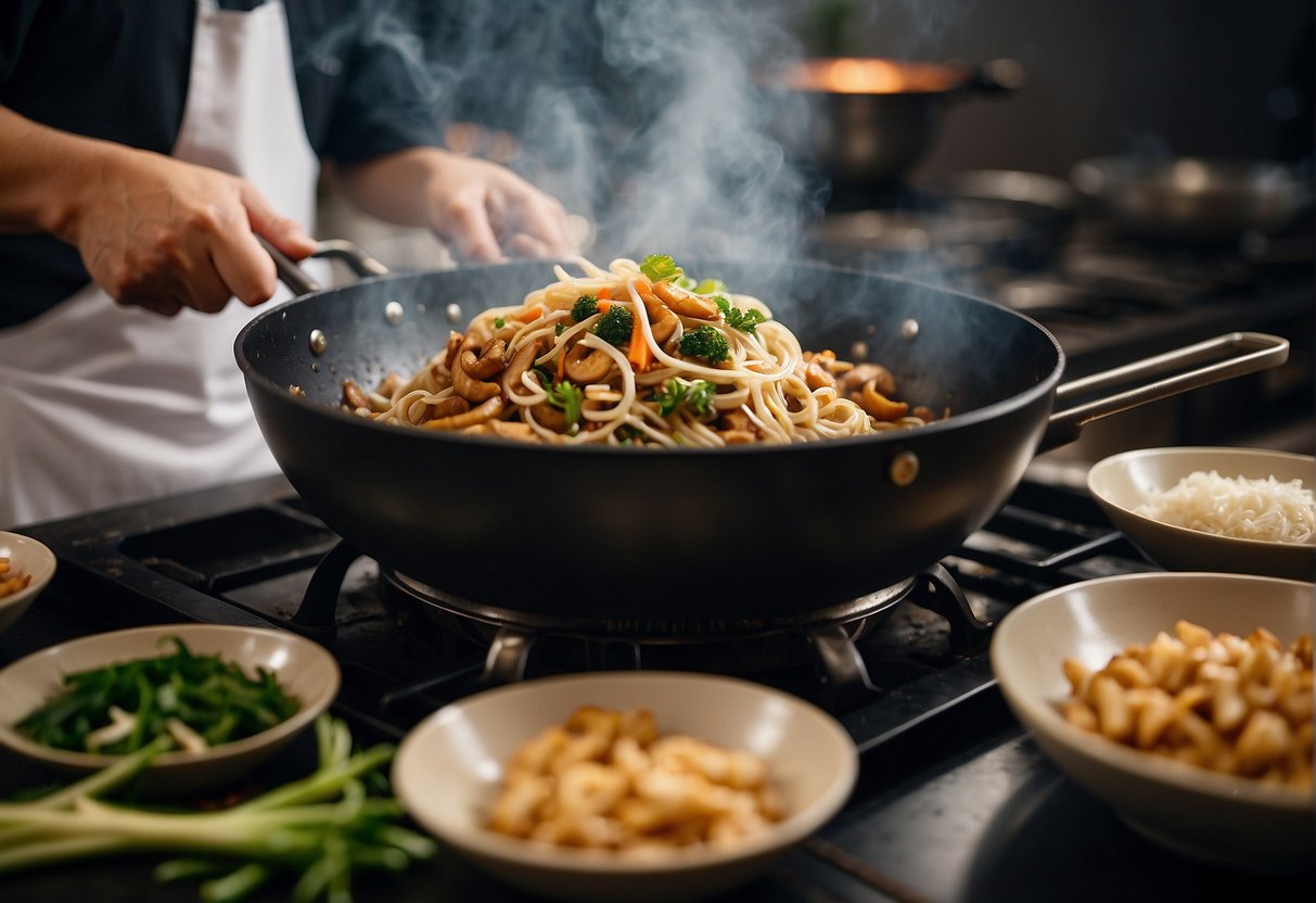 A chef stir-fries lion's mane mushrooms with garlic and soy sauce in a sizzling wok, surrounded by traditional Chinese cooking ingredients