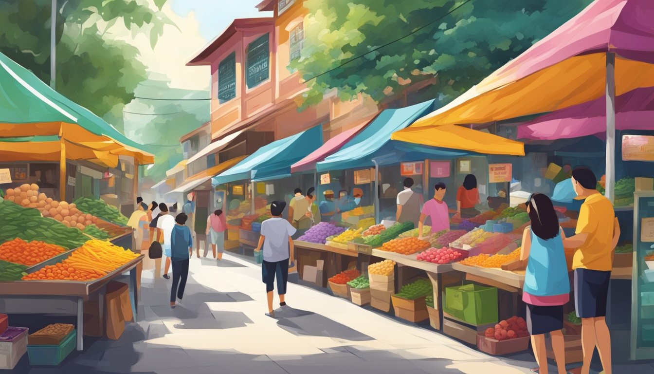 Colorful local markets and shops in Singapore selling kapur sirih. Vibrant signage and bustling activity create a lively atmosphere