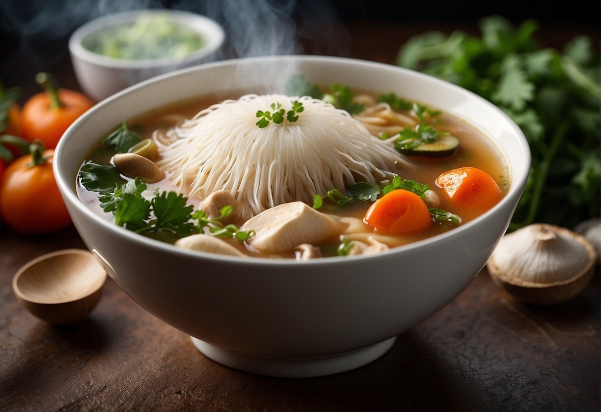 A bowl of steaming lion's mane mushroom Chinese soup, surrounded by fresh vegetables and herbs. A spoon rests on the side, inviting the viewer to partake in the health and nutritional benefits of this delicious dish