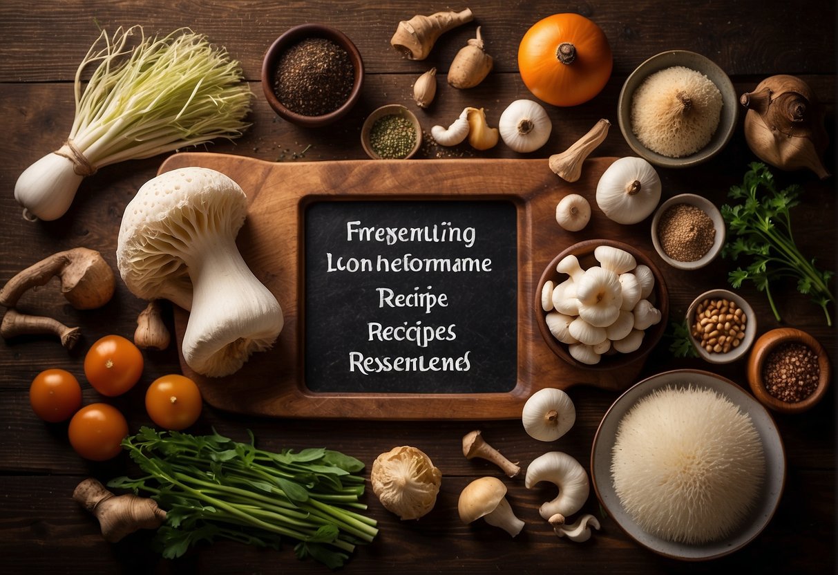 A lion's mane mushroom sits on a wooden cutting board surrounded by Chinese cooking ingredients. Text reads "Frequently Asked Questions lion's mane mushroom Chinese recipe."