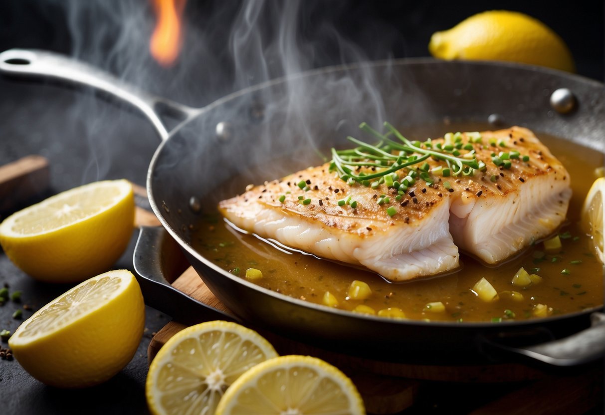 Lemon fish sizzling in a hot pan with sizzling oil, surrounded by fresh lemon slices and aromatic Chinese spices