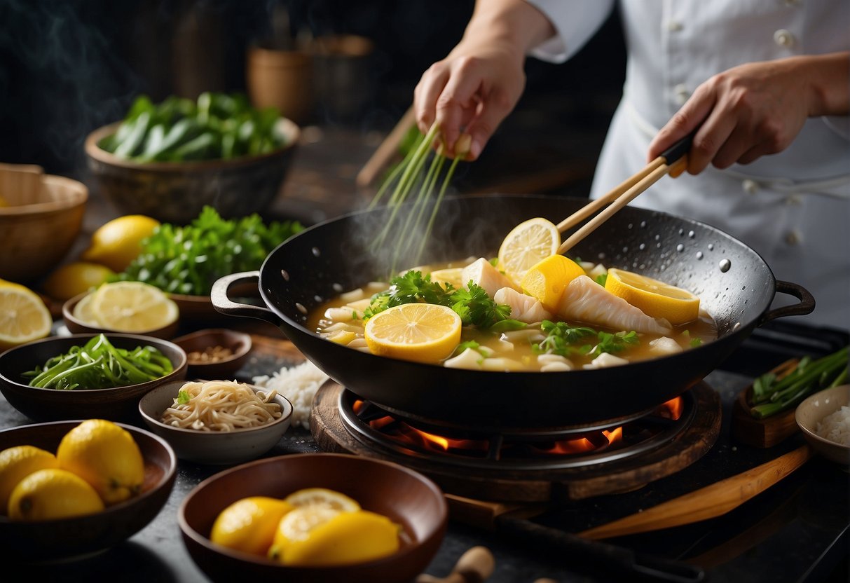 A chef pours lemon sauce over a sizzling fish in a wok, surrounded by traditional Chinese cooking ingredients and utensils
