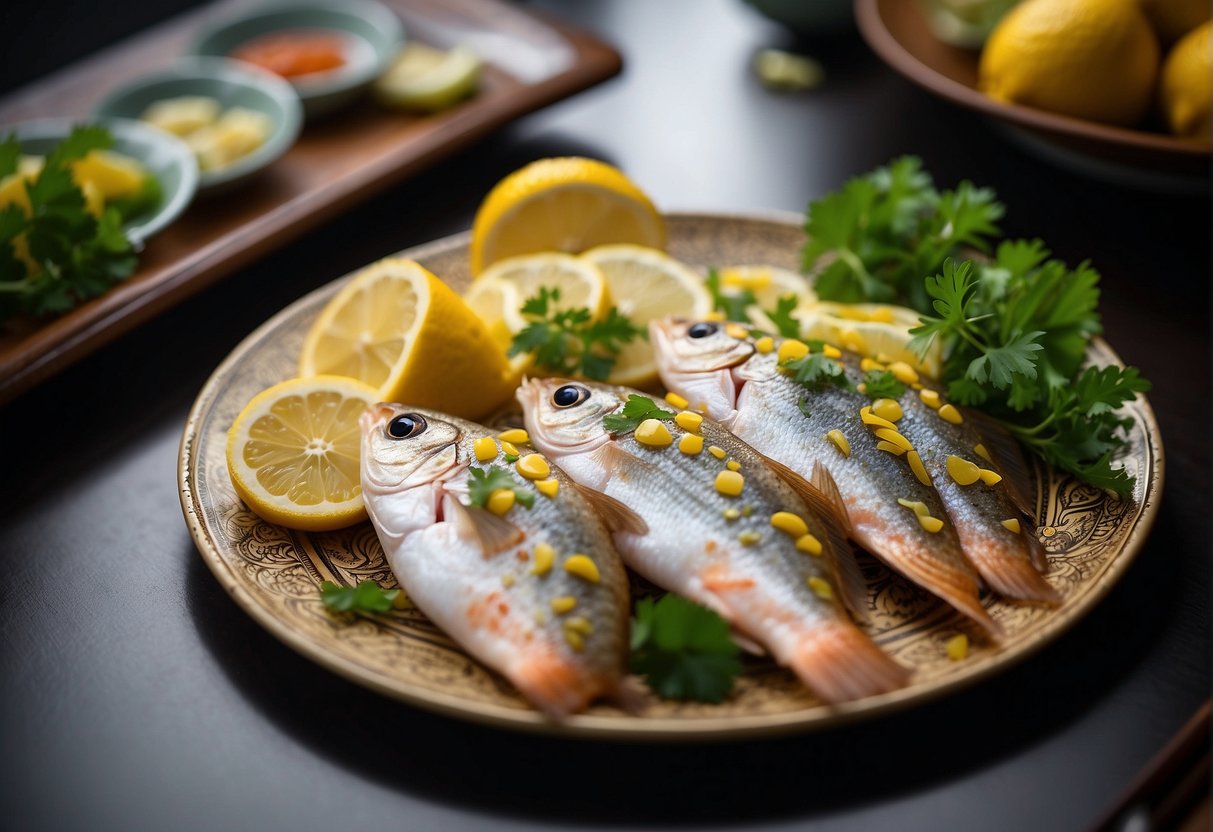A plate of lemon fish is elegantly arranged with garnishes and served on a traditional Chinese platter