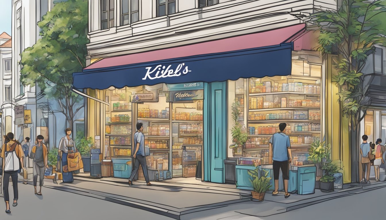 A bustling street in Singapore with a prominent storefront displaying the Kiehl's logo and products. Pedestrians walk by, some pausing to peer into the window