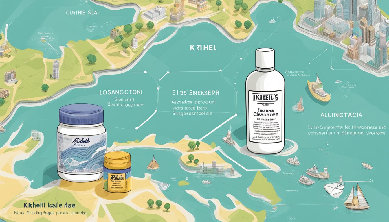 A table with skincare products: Kiehl's lotion, cleanser, and sunscreen. A map of Singapore with a pin marking the location of a Kiehl's store