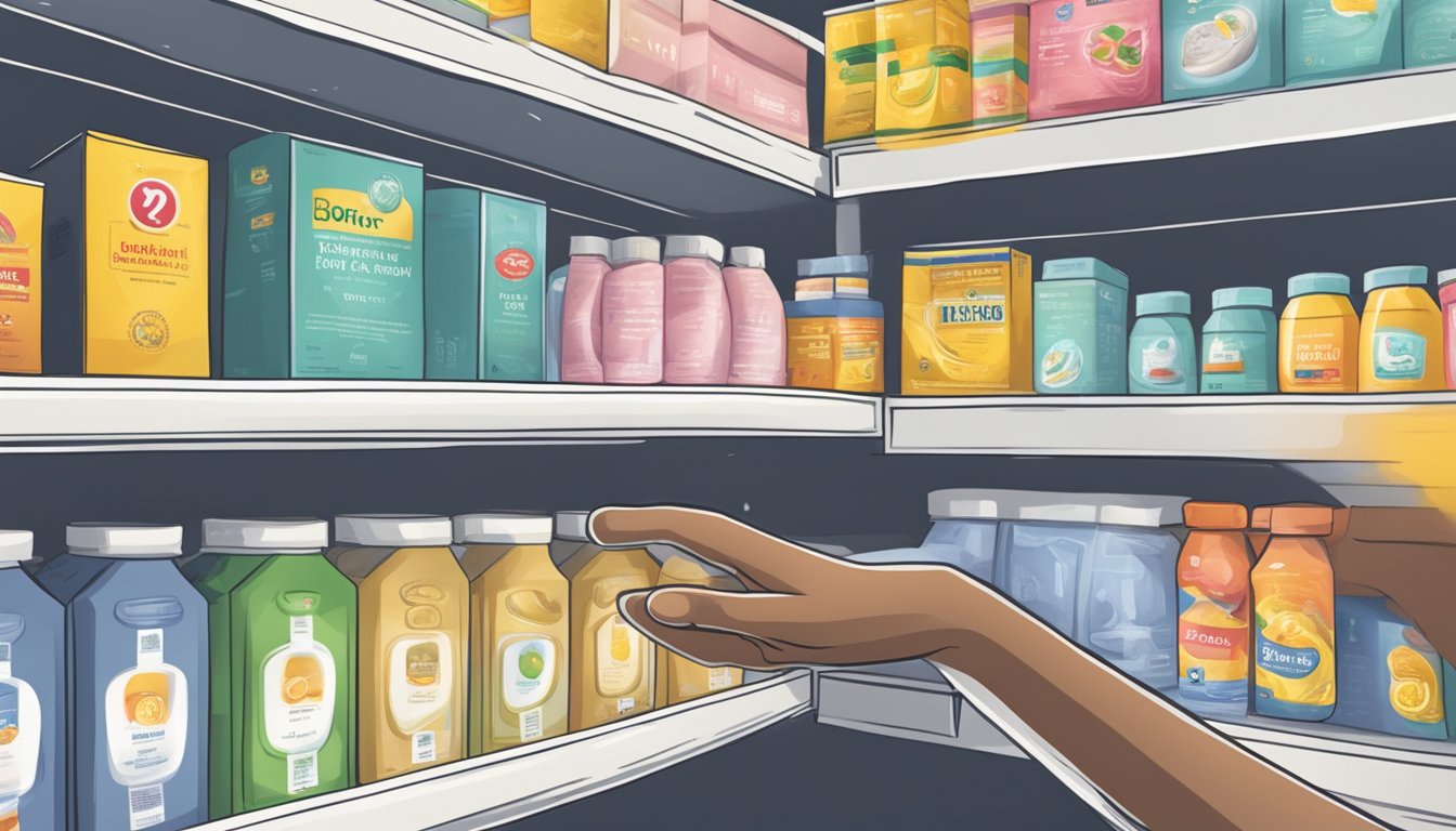 A hand reaching for a box of boric acid on a store shelf in Singapore