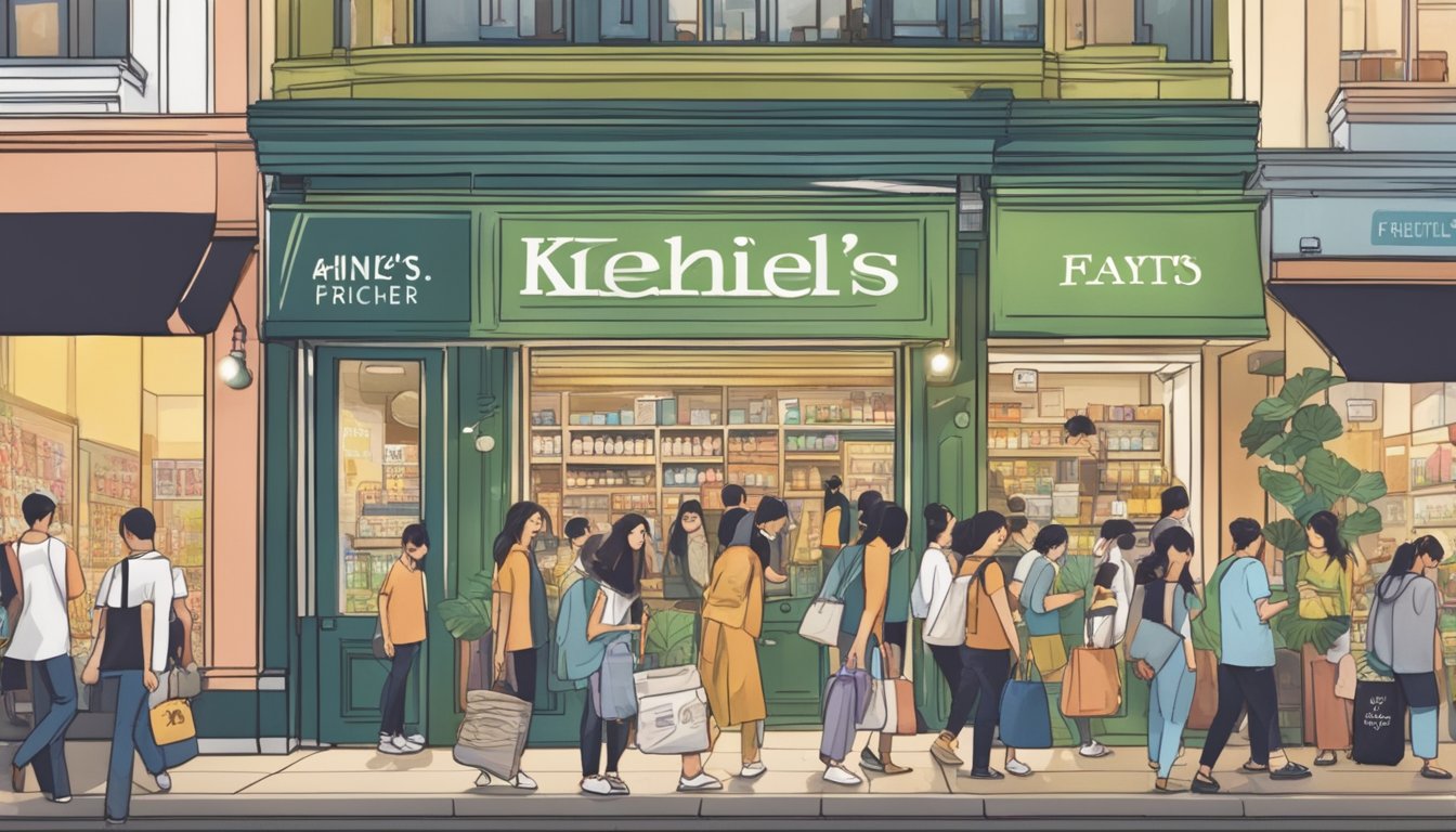 A bustling street in Singapore with a prominent Kiehl's storefront, surrounded by curious shoppers and a clear sign indicating "Frequently Asked Questions" about the products