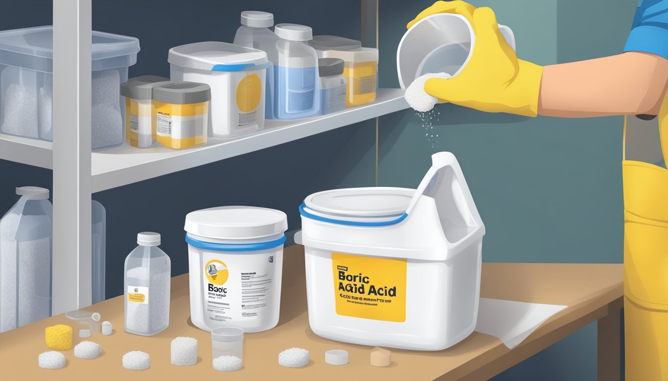 A hand pouring boric acid from a labeled container into a sealed storage container, with safety goggles and gloves nearby
