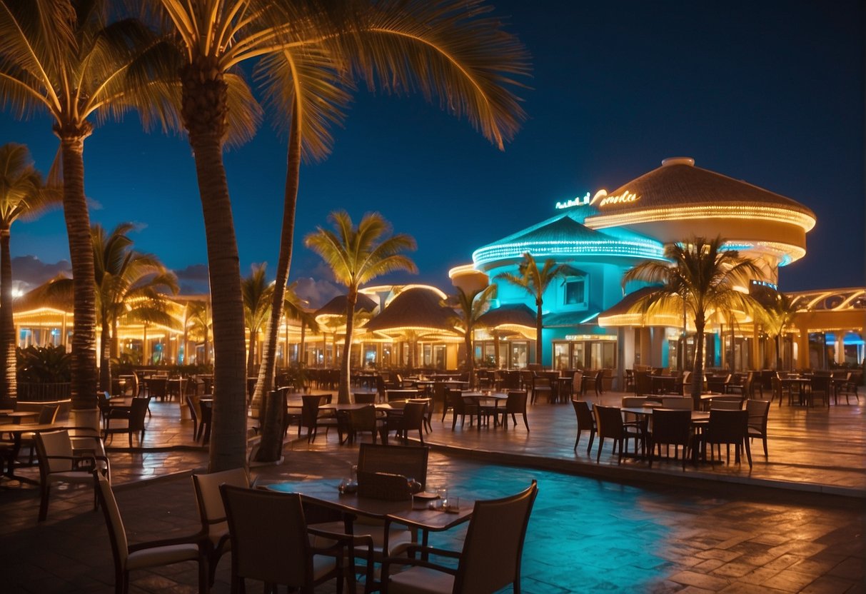 The vibrant lights of Aruba's casinos illuminate the night sky, drawing in visitors with their energetic atmosphere and lively gaming tables. The sleek, modern architecture of the buildings creates a striking contrast against the backdrop of the island's natural beauty