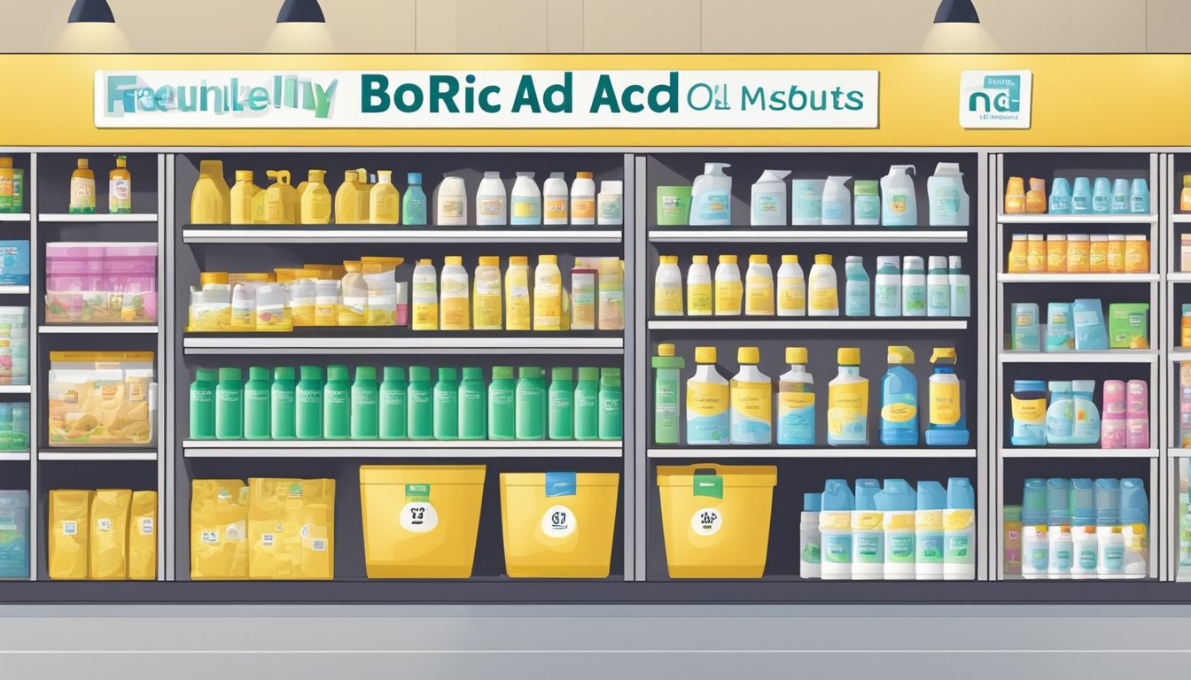 A display of boric acid products on shelves in a Singaporean store, with clear signage indicating "Frequently Asked Questions: where to buy boric acid in Singapore."