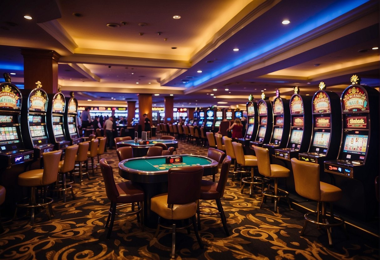 Bright lights and vibrant colors fill the bustling casino floor in Palm Beach, Aruba. Slot machines line the walls, while players gather around tables for a night of excitement and entertainment