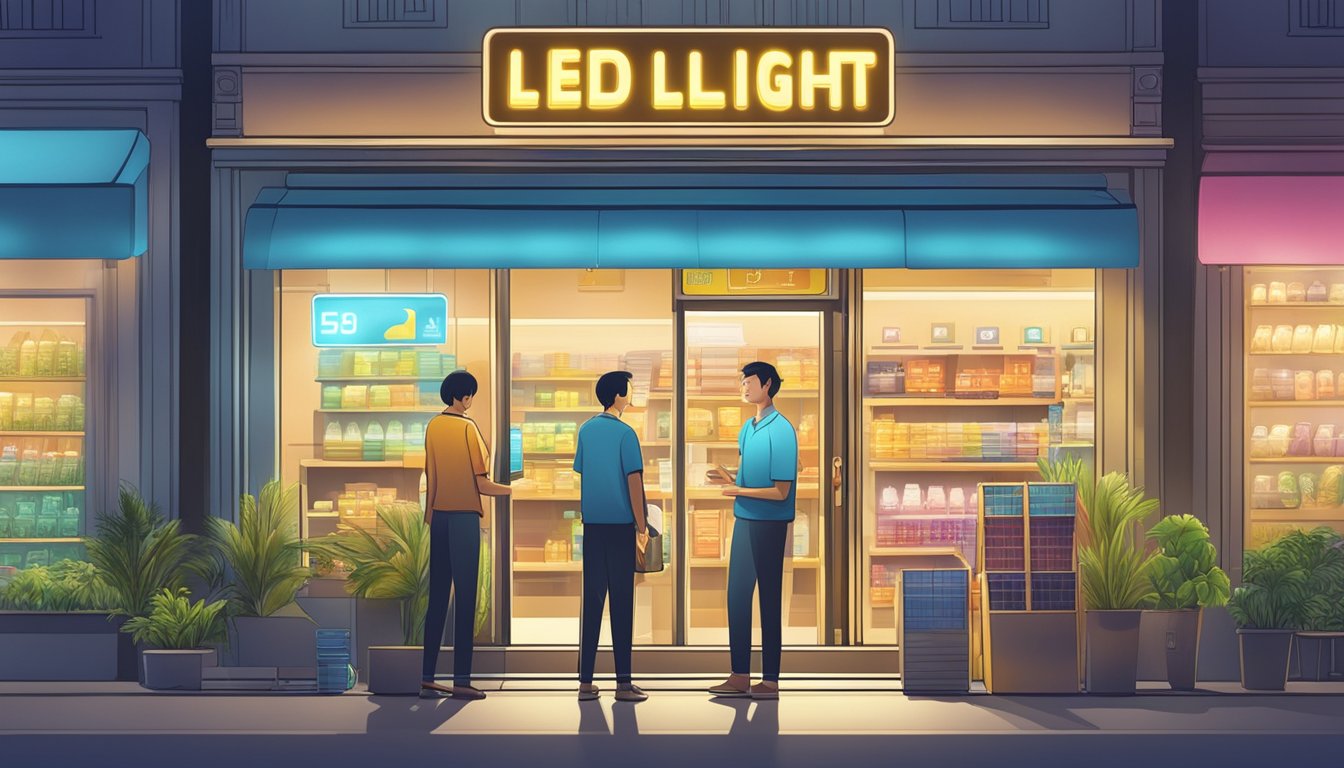 A store sign for "LED Light Drivers" in Singapore, with a customer looking at products and a salesperson assisting nearby