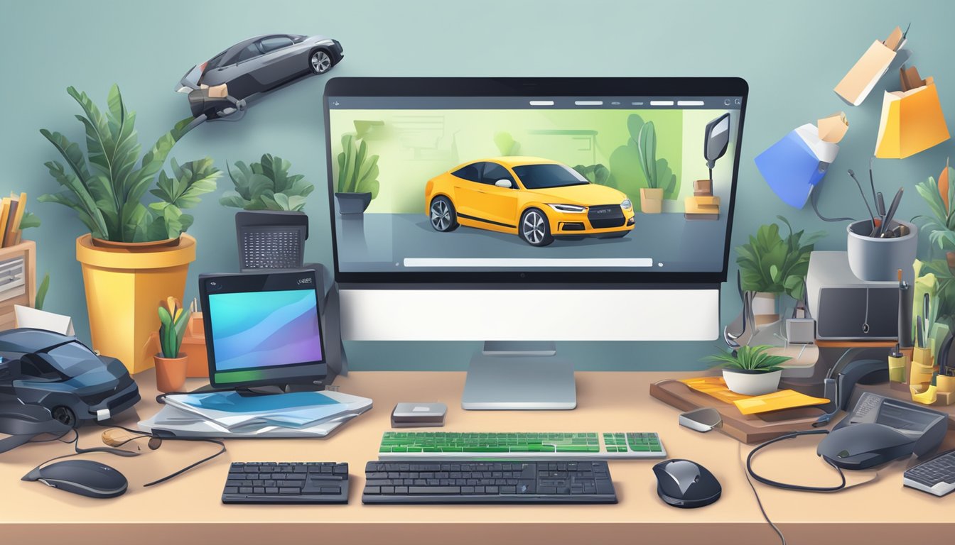 A computer screen displaying an online marketplace with various car accessories for sale, surrounded by a cluttered desk with a keyboard and mouse