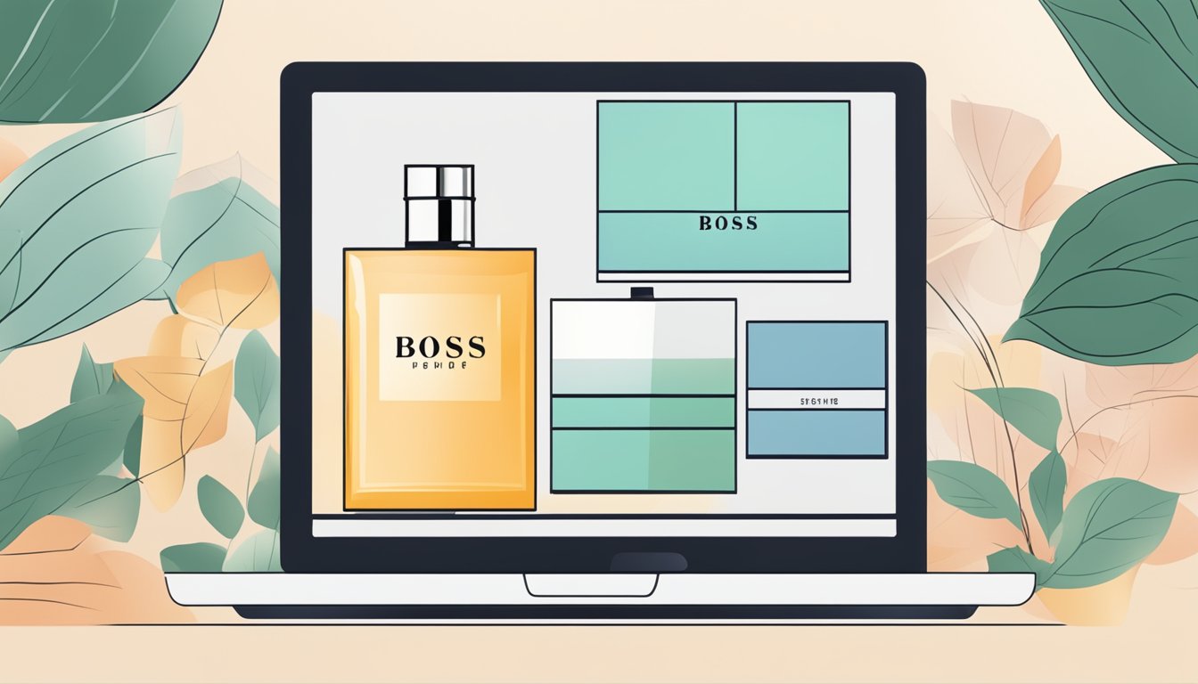 A computer screen displaying a website with the Hugo Boss logo and a "buy now" button for their perfume