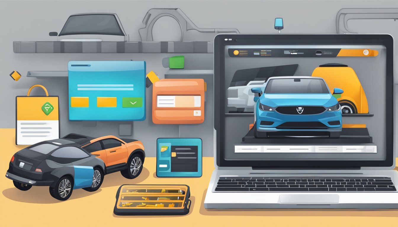 A laptop displaying a variety of car accessories on an online shopping website, with a secure payment option and customer reviews visible