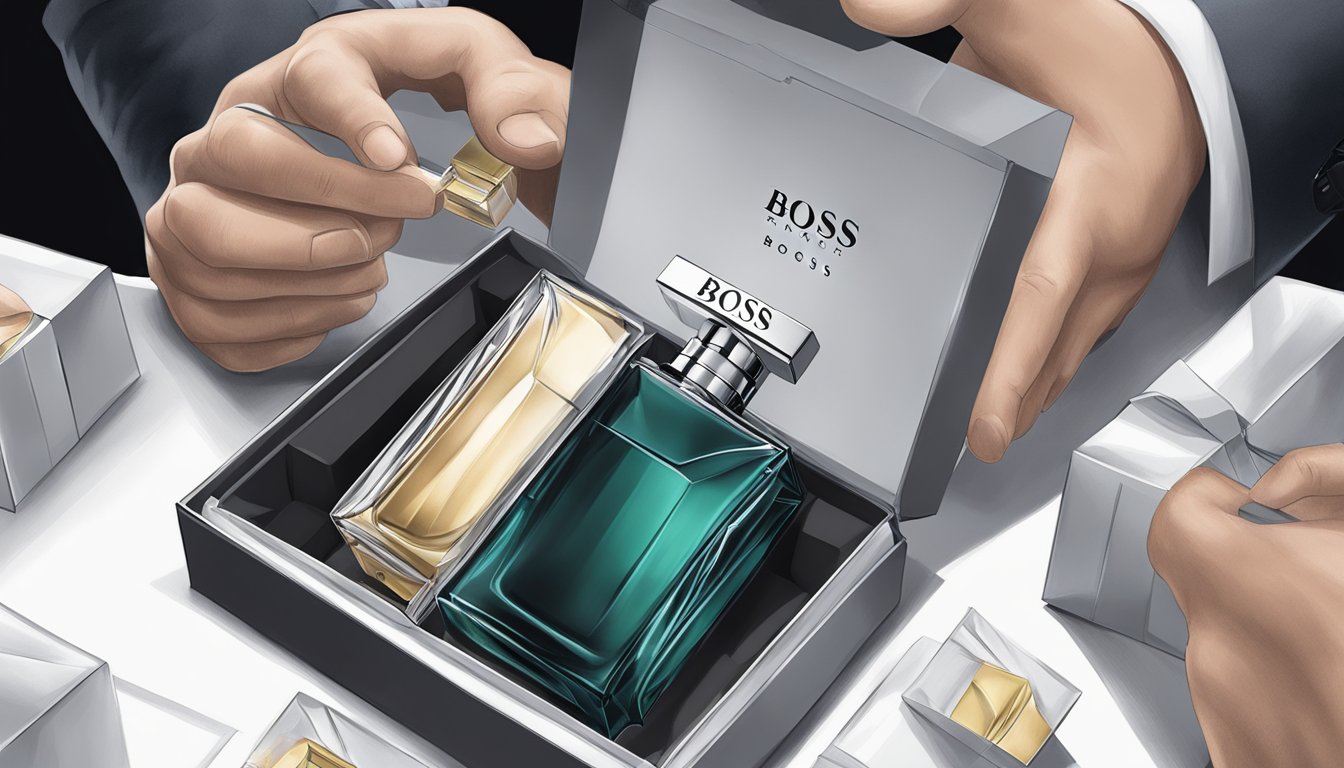 A person opens a package, revealing Hugo Boss perfumes
