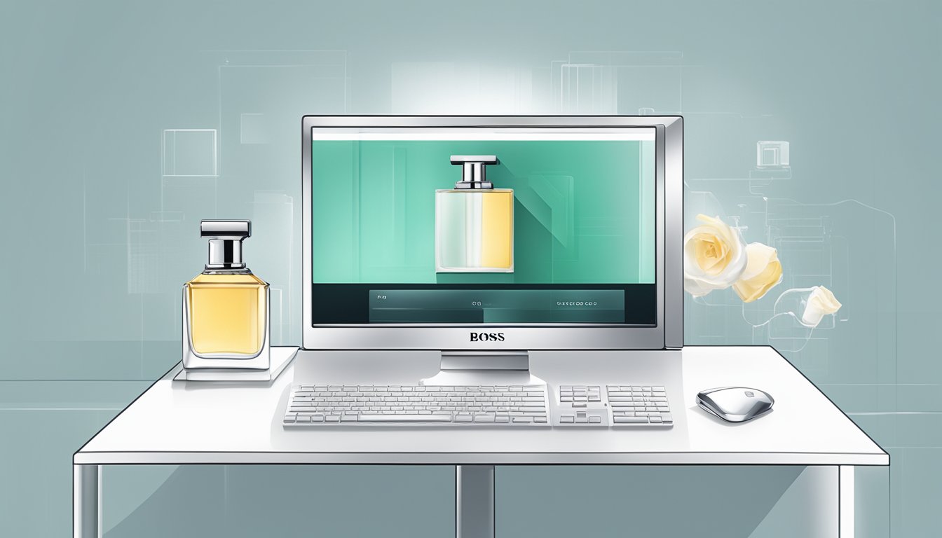 A computer screen displays a webpage with a sleek bottle of Hugo Boss perfume. A cursor hovers over the "Add to Cart" button