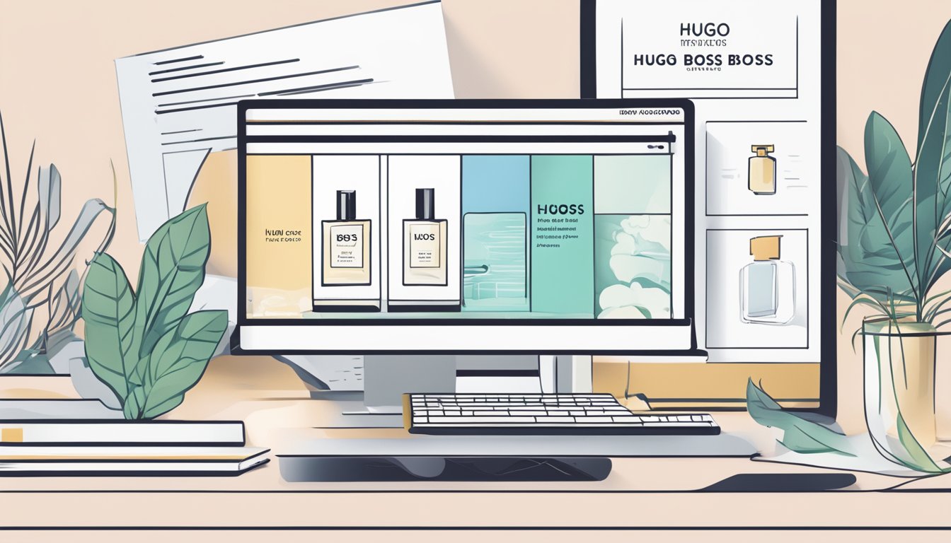 A computer screen displaying a webpage with the title "Frequently Asked Questions buy hugo boss perfume online" and a list of questions and answers below