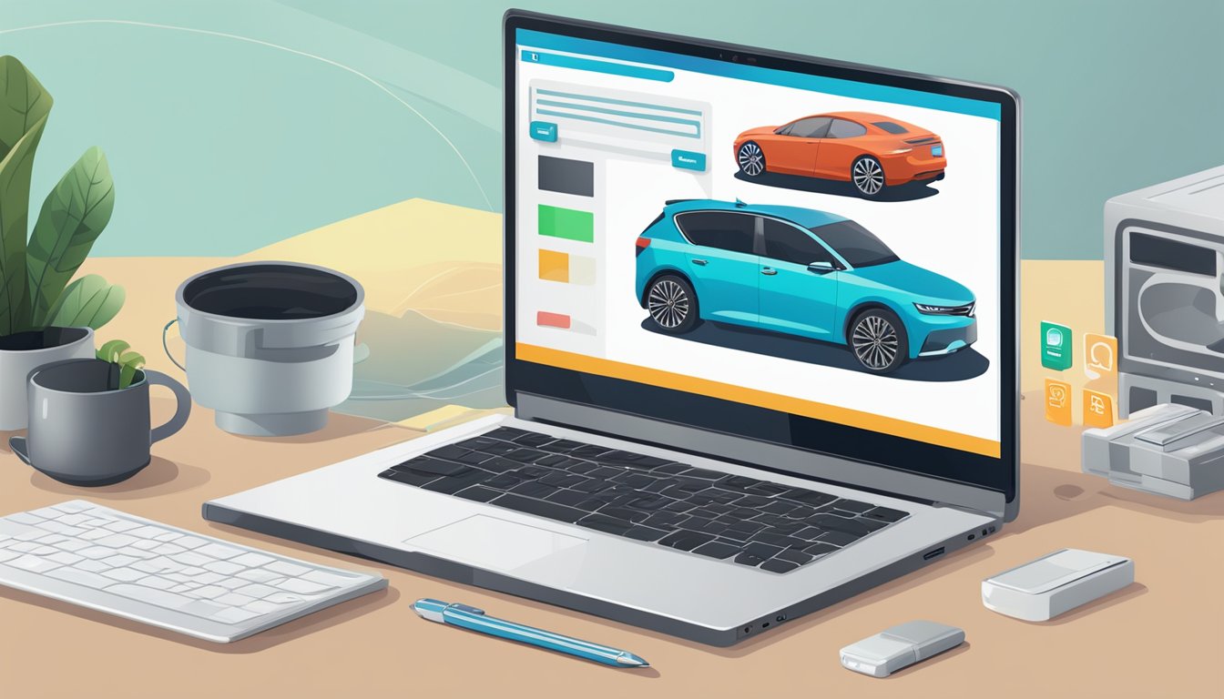 A laptop open to a webpage titled "Frequently Asked Questions: where to buy car accessories online" with various car accessories displayed on the screen