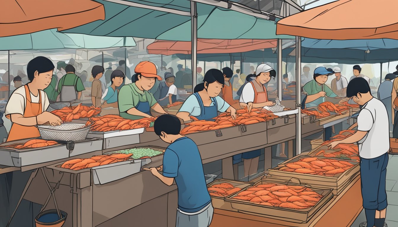 A bustling market stall in Singapore sells live prawns for fishing. Customers browse tanks of wriggling crustaceans, while a vendor scoops them into bags