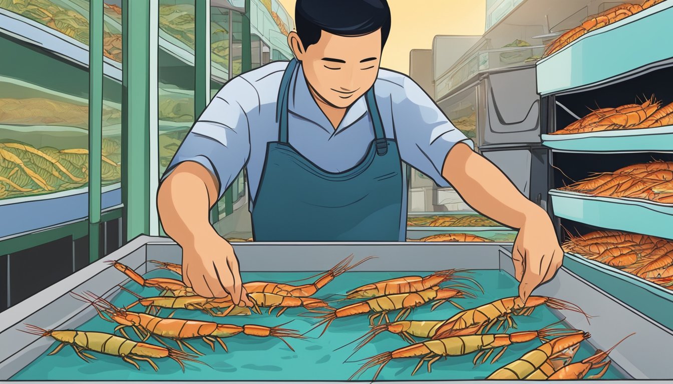 A person selects live prawns from a tank at a local fishing supply store in Singapore. The prawns are vibrant and active, swimming around in the water, ready to be used as bait for a day of fishing
