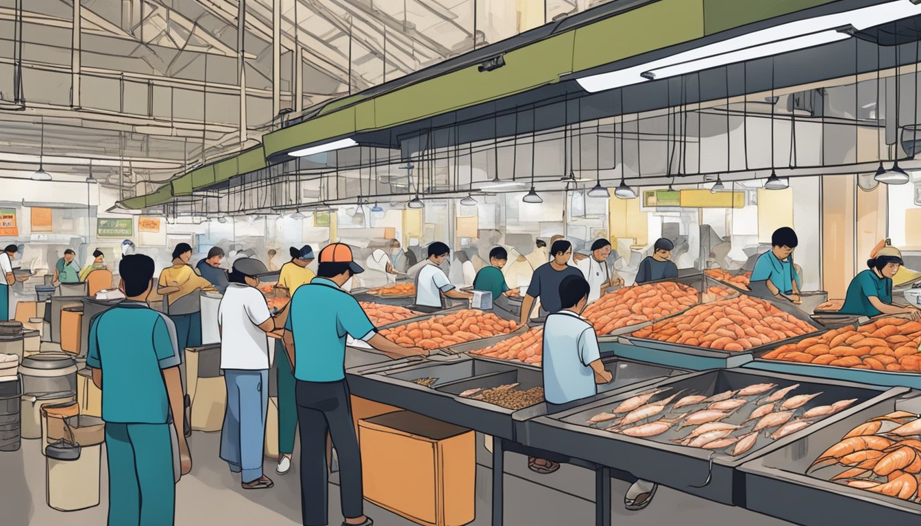 A bustling fish market in Singapore, with vendors selling live prawns in tanks. Customers eagerly inspecting the prawns before making their purchase