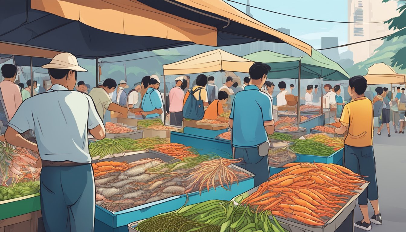 A bustling marketplace with colorful stalls selling live prawns. Customers eagerly inquire about fishing bait in Singapore