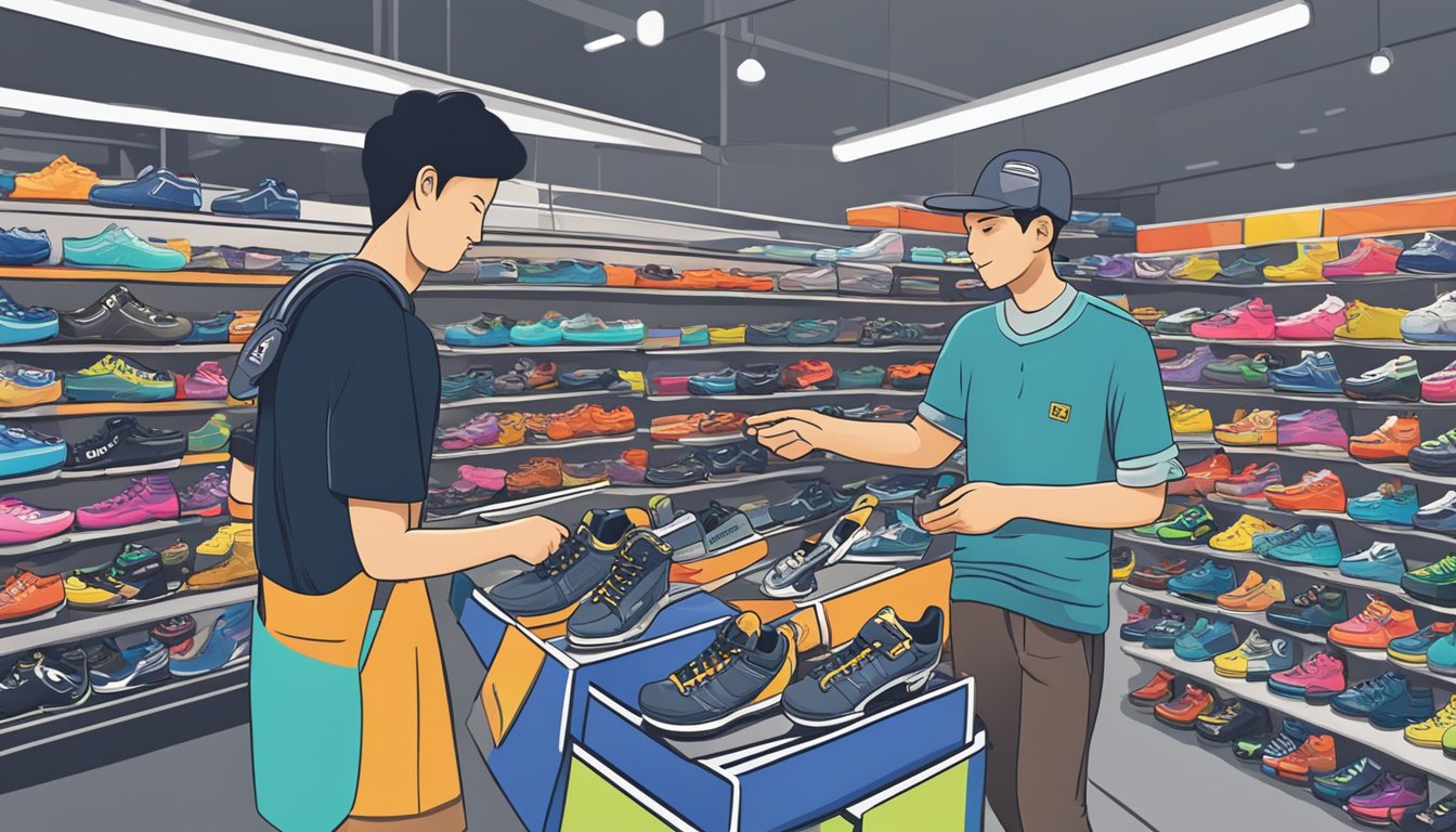 A person purchasing inline skates in a Singaporean store