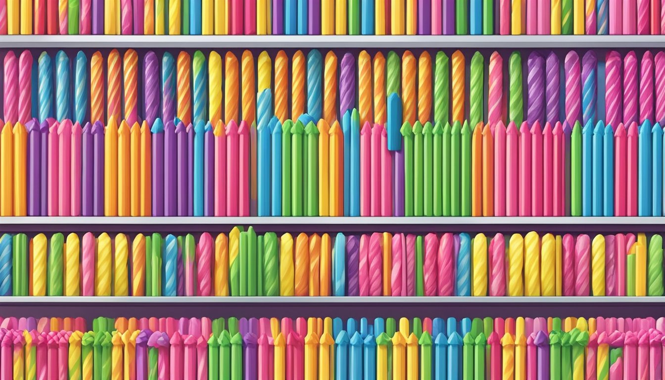 A colorful array of lollipop sticks neatly arranged on shelves in a bustling Singaporean confectionery supply store