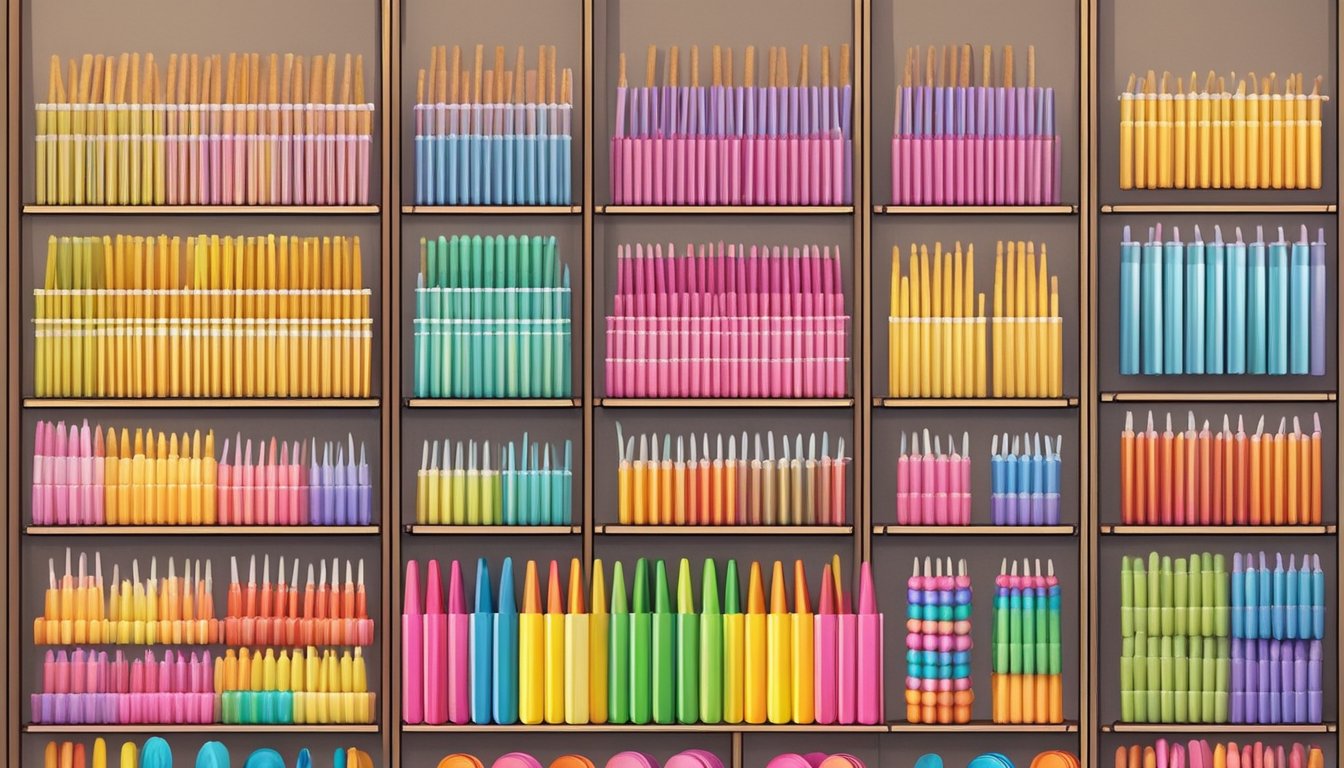 A display of various lollipop sticks in different colors and sizes, neatly arranged on shelves in a craft store in Singapore