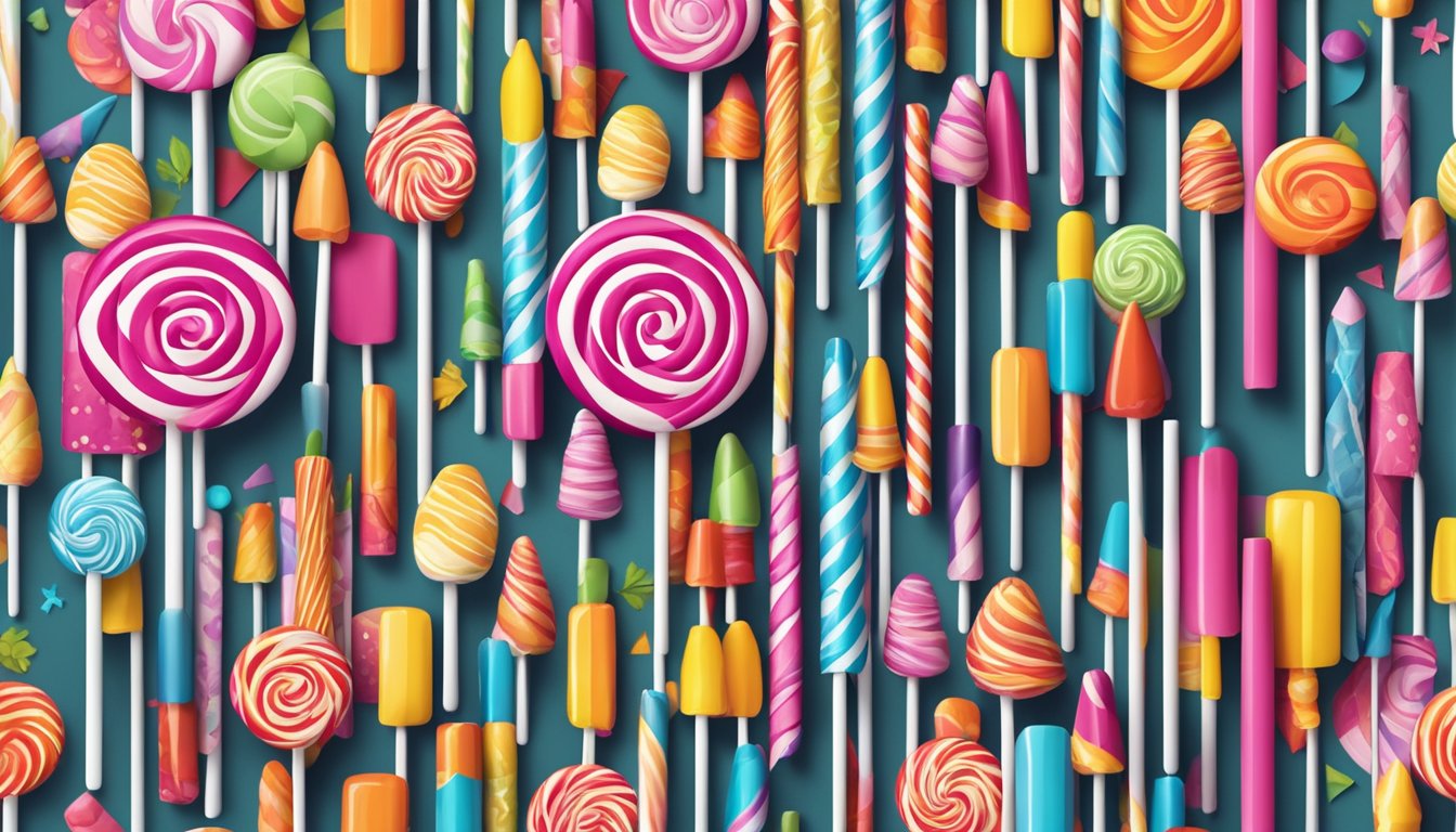 Colorful lollipop sticks arranged in a variety of patterns and designs, displayed on a vibrant and eye-catching backdrop